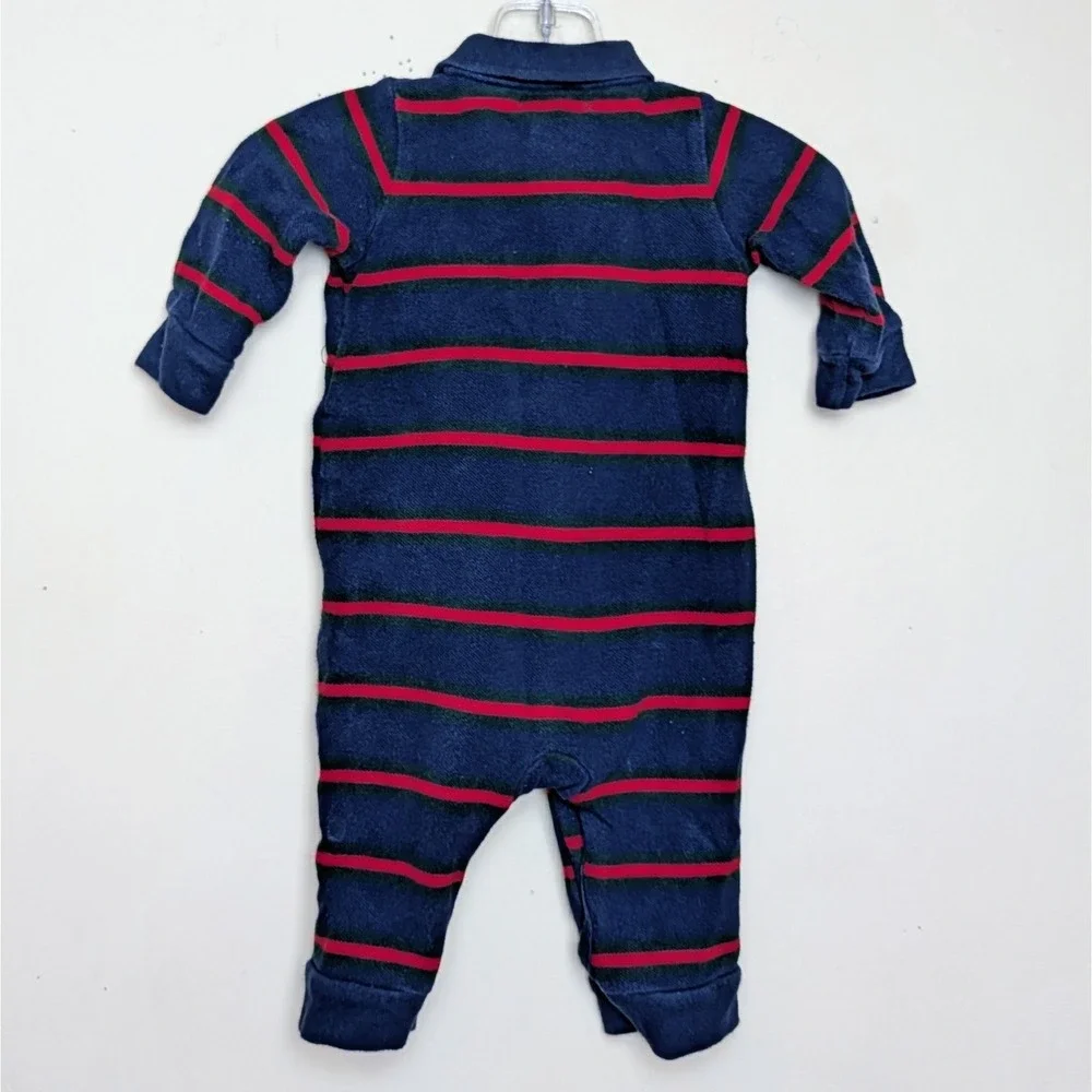 Polo Ralph Lauren Coverall Red Blue Stripe Rugby‎ One Piece Long Sleeve 6 Months
